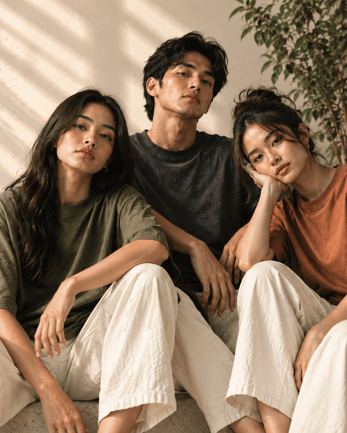 Three models in oversized olive, charcoal and terracotta tees, sitting close together against a warm, sunlit wall